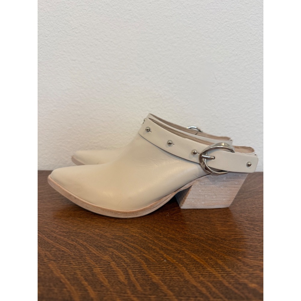 Golo Cream Leather Western Mules Studded Buckle Pointed Toe Block Heel Size 7.5